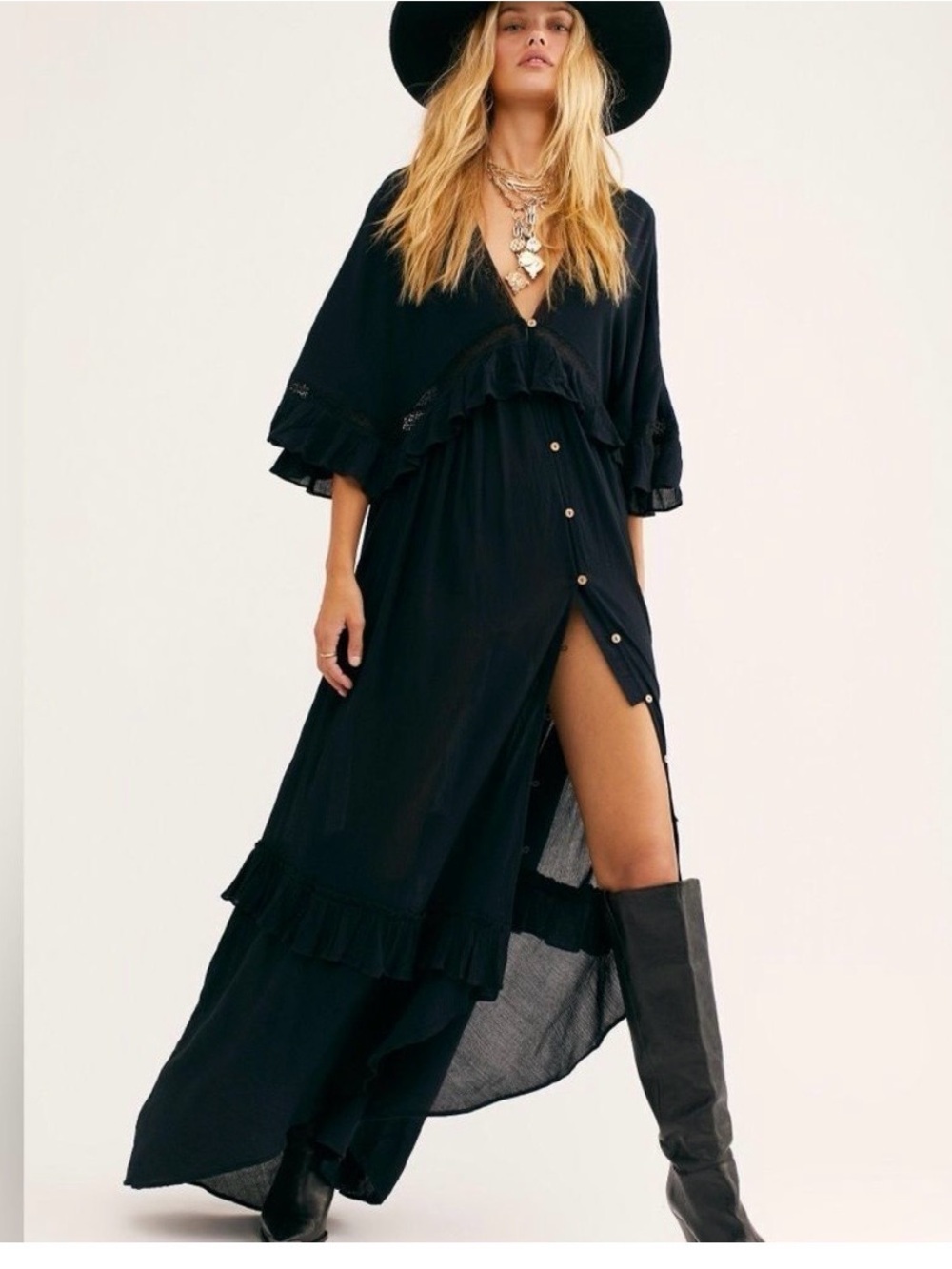 Free People Paradiso Black Ruffle-Trim Maxi Dress